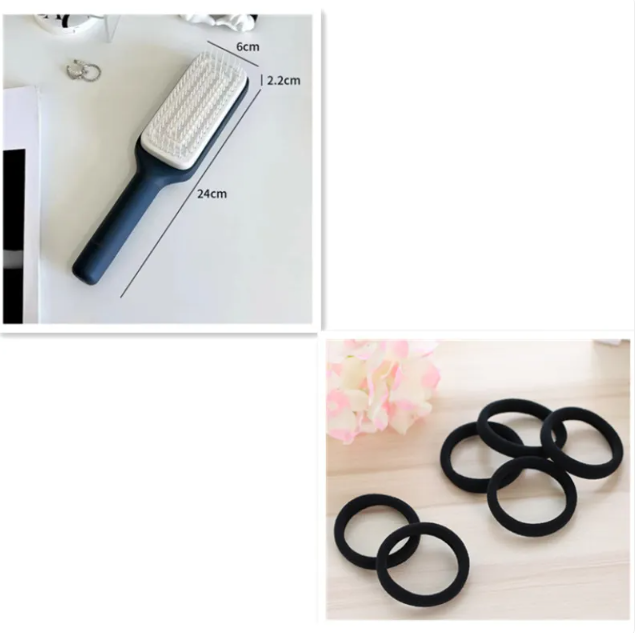 4-in-1 self-cleaning hair brush and black hair ties on a table