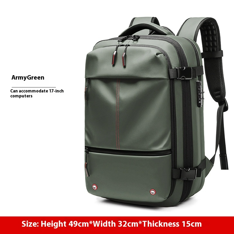 High-capacity compression backpack in army green, accommodates 17-inch computers, size dimensions provided.