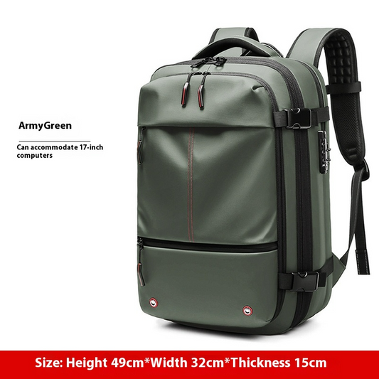 High-capacity compression backpack in army green, accommodates 17-inch computers, size dimensions provided.