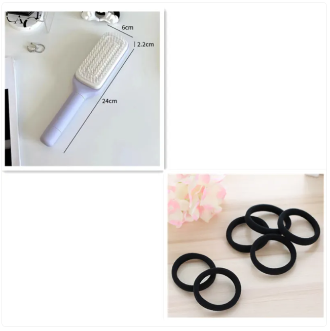 4-in-1 self-cleaning hair brush and black hair ties on a flat surface
